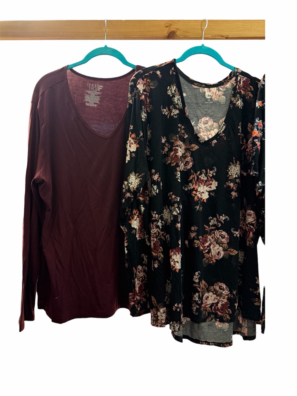 4/$10. Women’s V-Neck Long Sleeve Top - Burgundy and Black Floral, plum and red